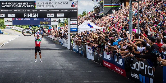 Made it: Nino Schurter shortly after crossing the finish line at the 2016 World Championships.