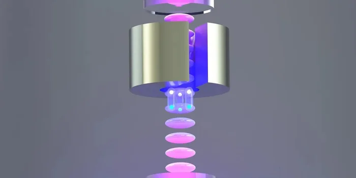 © Cristian Panda / UC Berkeley (extrait) Le dispositif expérimental (représentation schématique) permet de mesurer des effets gravitationnels très fins, car chaque atome peut être placé dans une superposition spatiale de deux états de la physique quantique.
