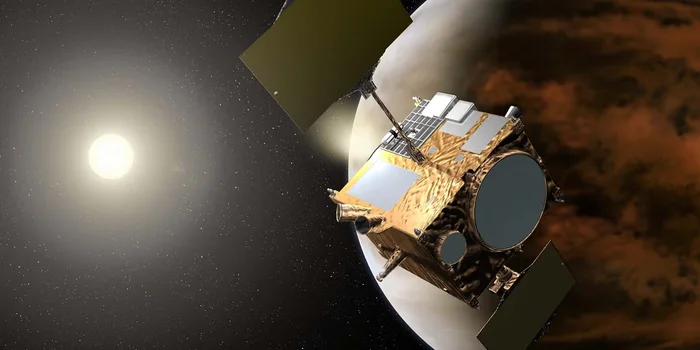 Akihiro Ikeshita / Jaxa / Image conceptuelle d'Akatsuki ayant atteint Vénus et utilisant la propulsion inversée pour entrer en orbite autour de Vénus (détail)